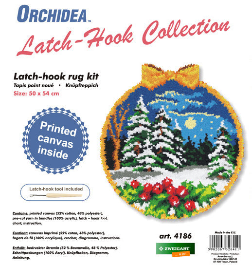 Orchidea latch hook rug kit showing a winter bauble design