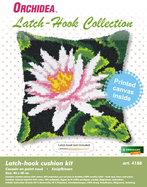 Orchidea latch hook cushion kit showing a water lily design