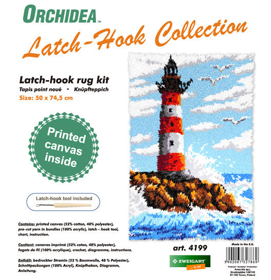 Orchidea latch hook rug kit showing a lighthouse design