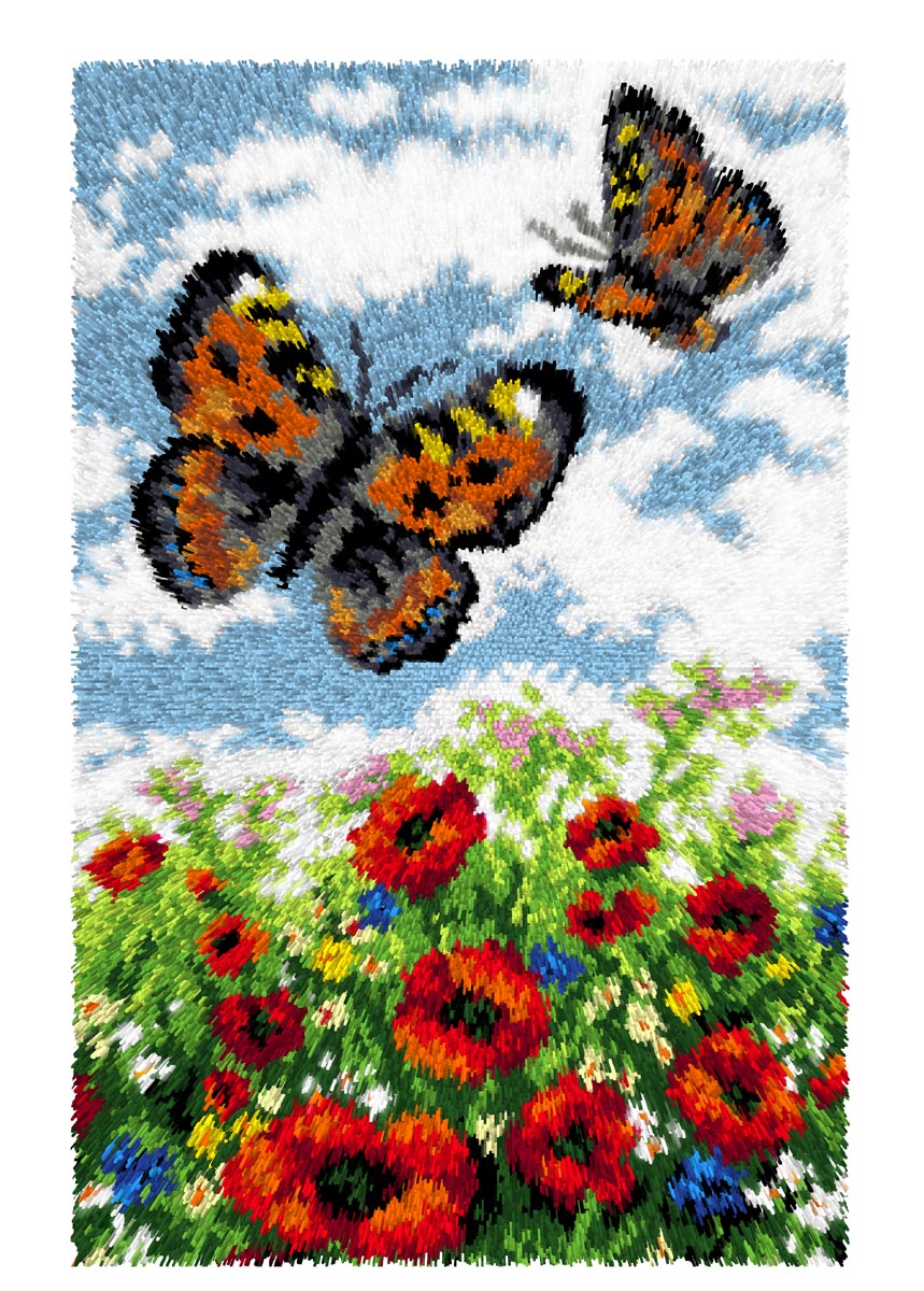 Orchidea latch hook rug with meadow and butterflies design