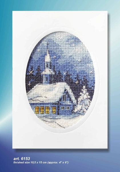 Twilight church cross stitch greetings card