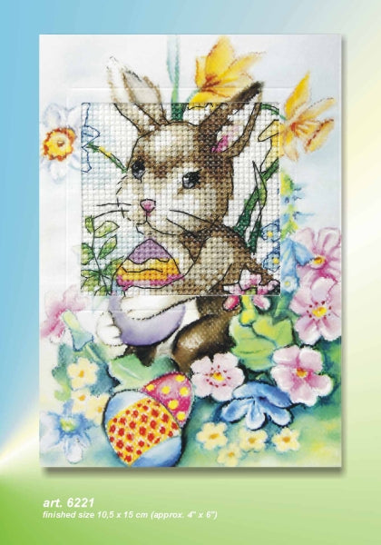 Cross stitch greetings card showing an Easter bunny