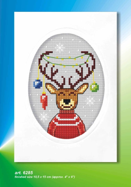 Cross stitch greetings card showing a reindeer