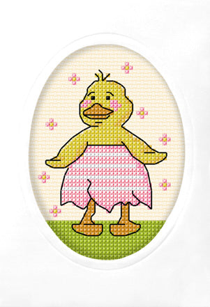 Cross stitch greetings card showing a duck on cream fabric
