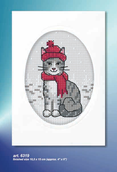Orchidea cross stitch greetings card kit with a Cat in Scarf design
