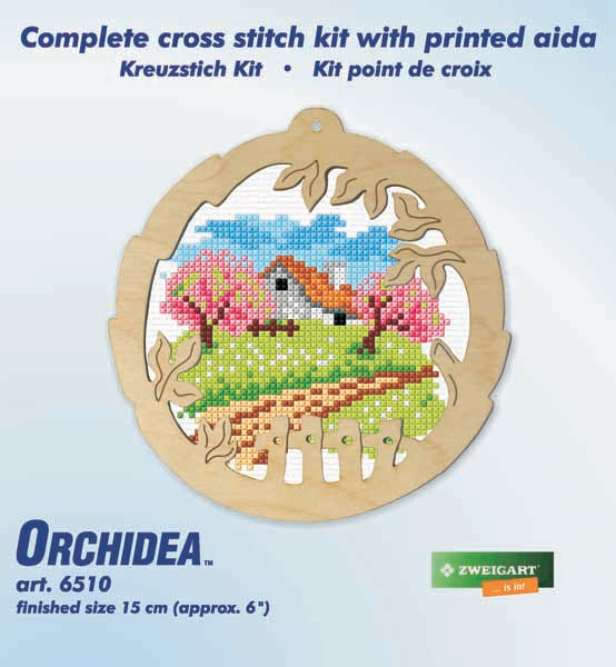 Orchidea cross stitch kit with a summer scene design in an engraved wooden frame
