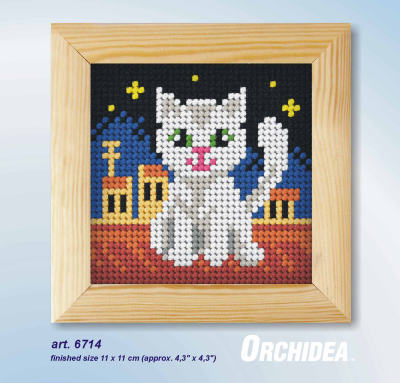 Orchidea needlepoint kit with a cat design in a wooden frame
