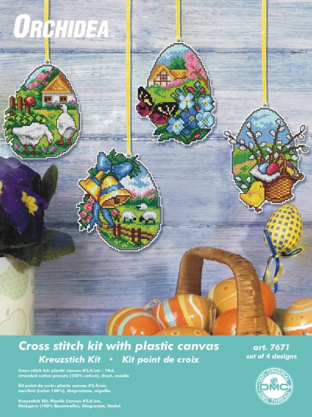 Set of 4 Easter eggs cross stitch decorations on plastic canvas