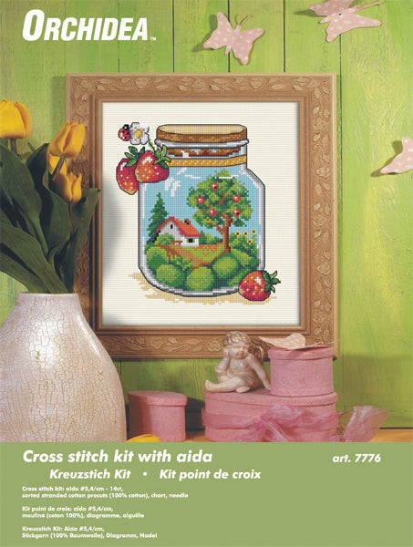 Cross stitch picture of a glass jar with summer themed contents