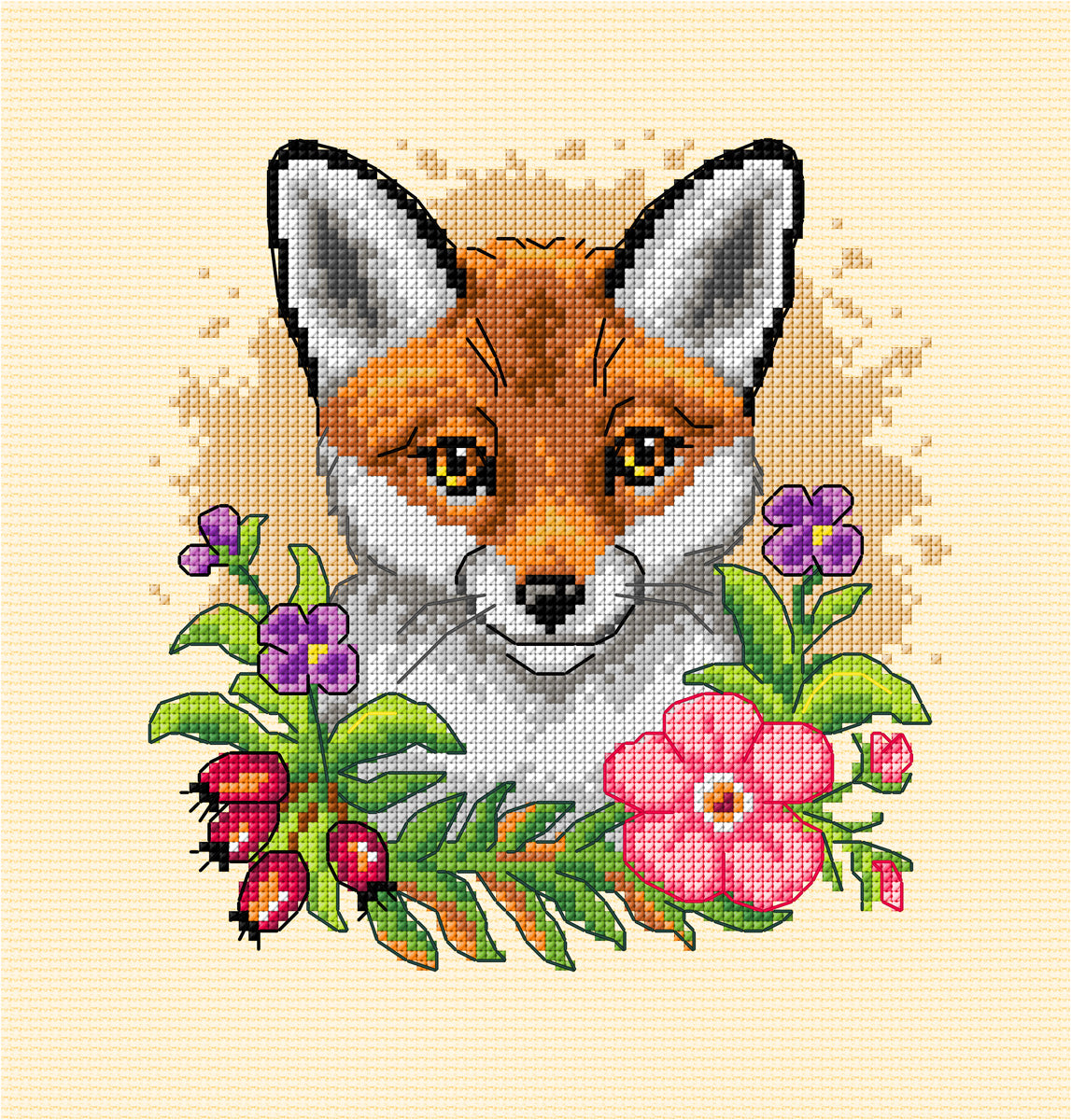 Cross stitch picture of a fox on cream fabric