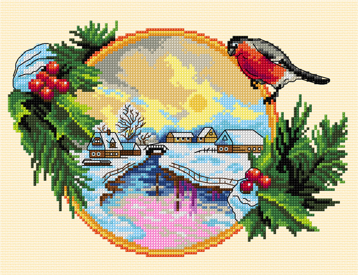 Cross stitch picture of a winter scene on cream fabric