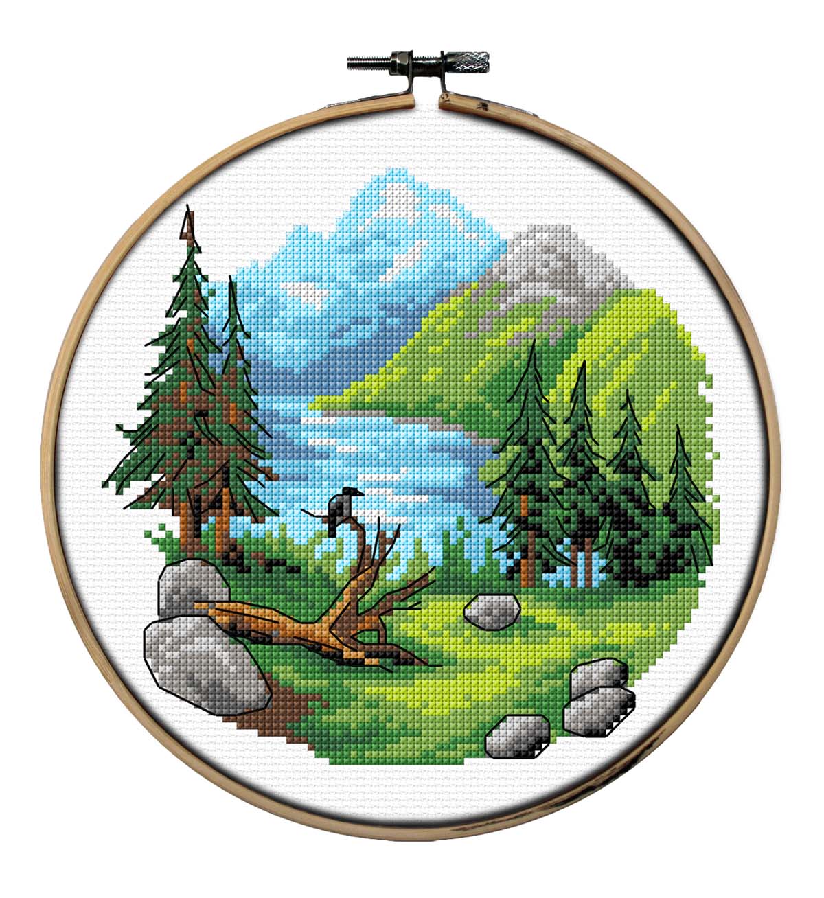 Orchidea mountain landscape cross stitch in an embroidery hoop