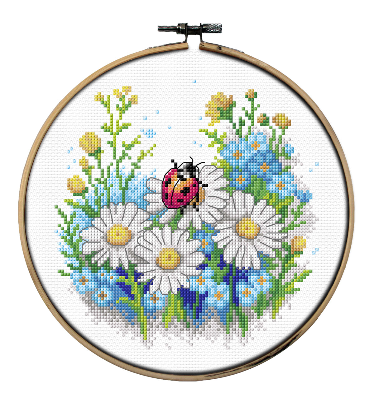 Orchidea ladybird cross stitch in an embroidery hoop