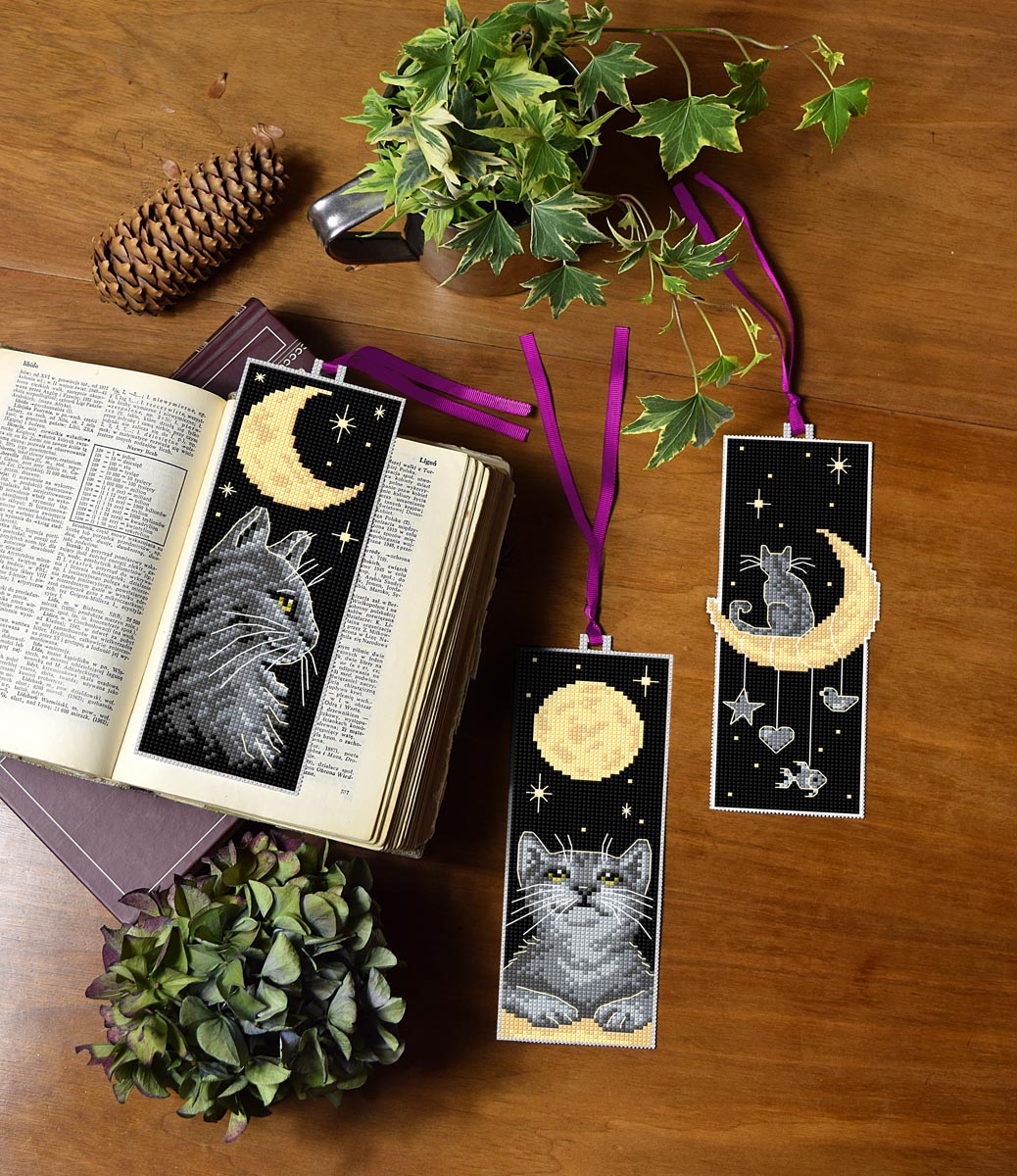 Set of 3 stitched cats at night plastic canvas bookmarks