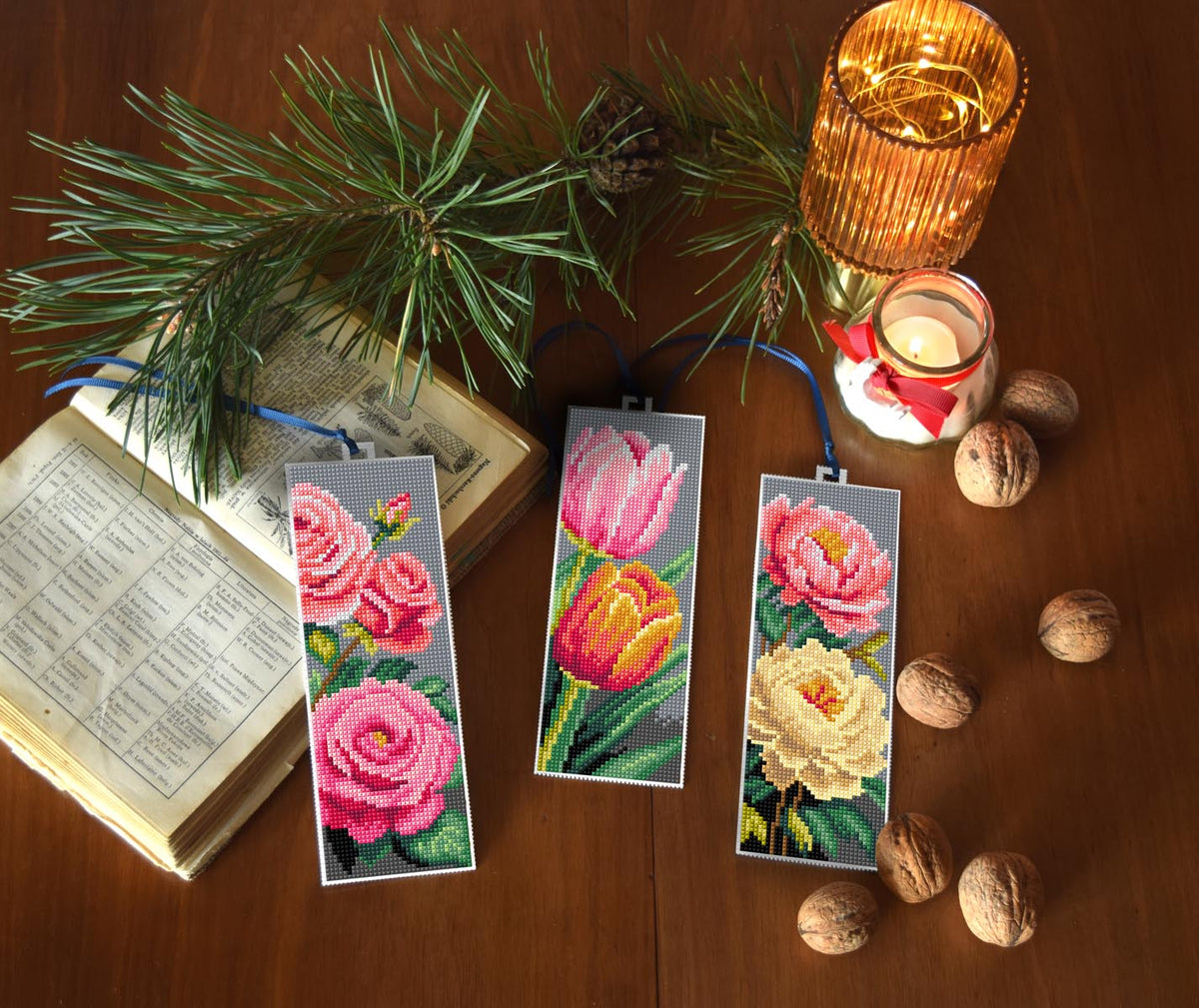 Set of 3 stitched flowers plastic canvas bookmarks