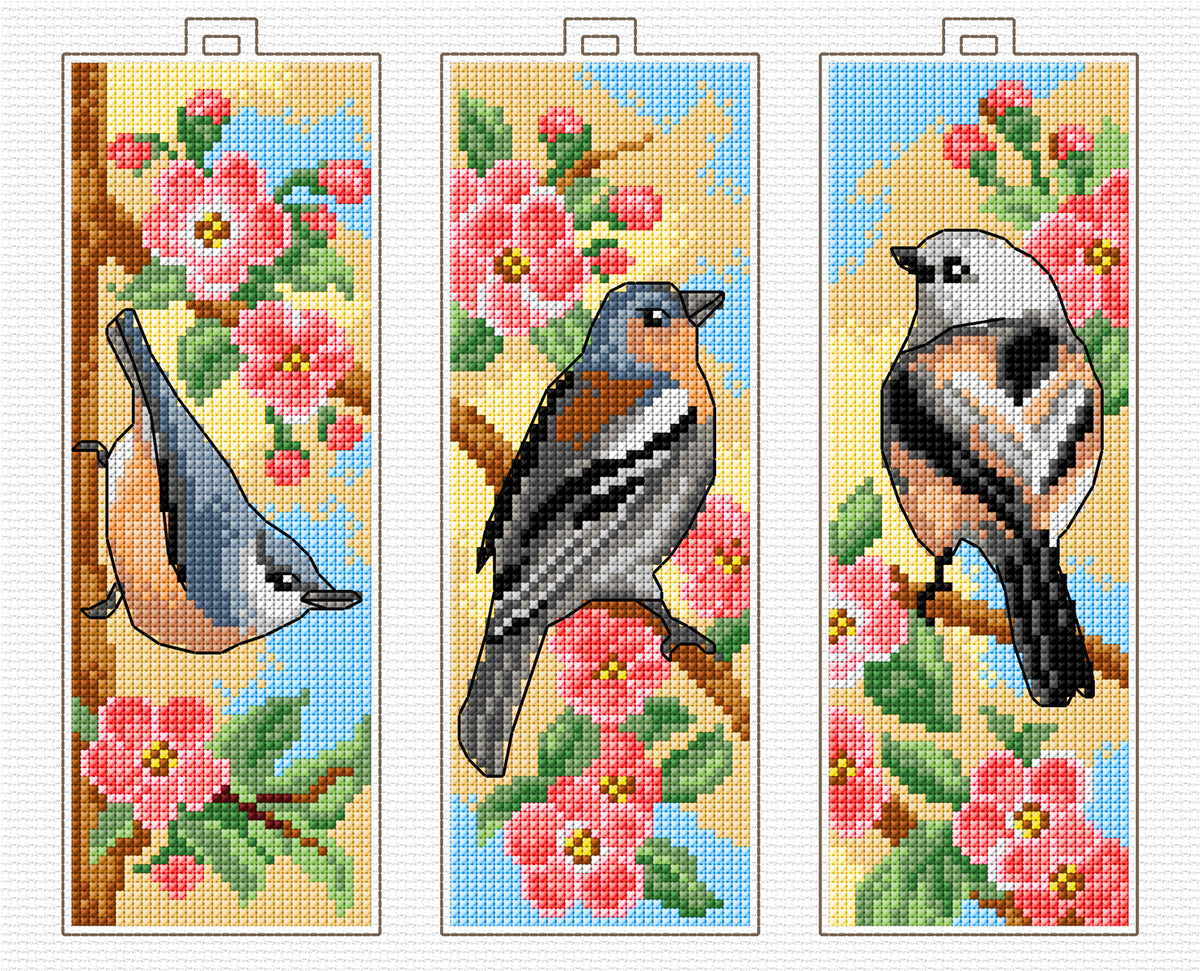 Set of 3 stitched spring birds plastic canvas bookmarks