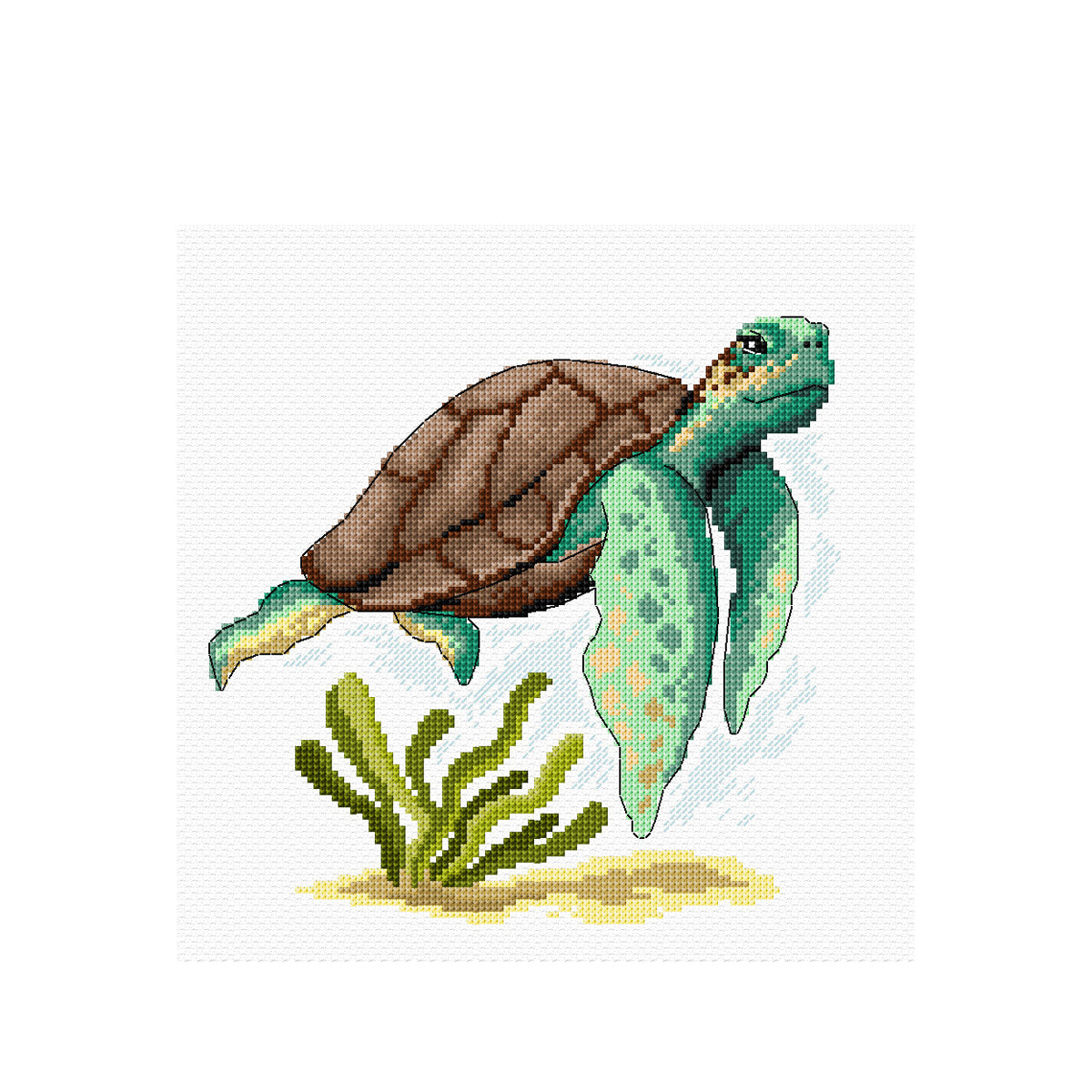 Cross stitch picture of a tortoise on white fabric
