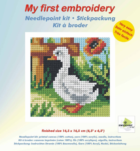Finished beginner's needlepoint picture showing a baby goose