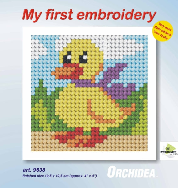Finished beginner's needlepoint picture showing a duck