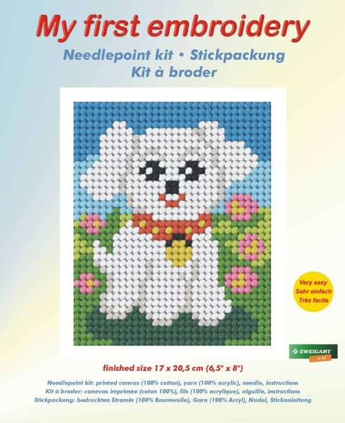 Orchidea My First Embroidery needlepoint kit with printed pooch design
