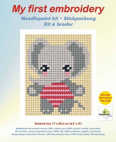 Orchidea My First Embroidery needlepoint kit with printed elephant design