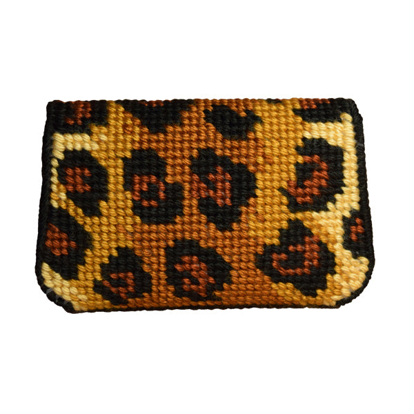 Orchidea needlepoint clutch bag stitched with a panther print pattern design