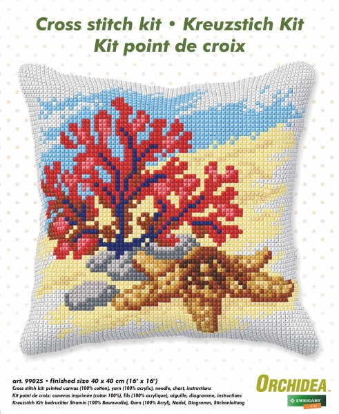 Orchidea cross stitch cushion showing coral and starfish