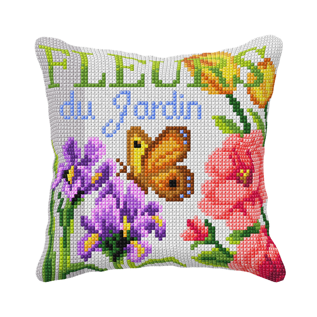 Orchidea Quickpoint cushion kit with butterfly, irises and rose design