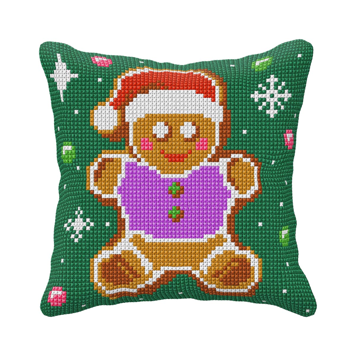 Finished gingerbread man cross stitch cushion from the Orchidea kit
