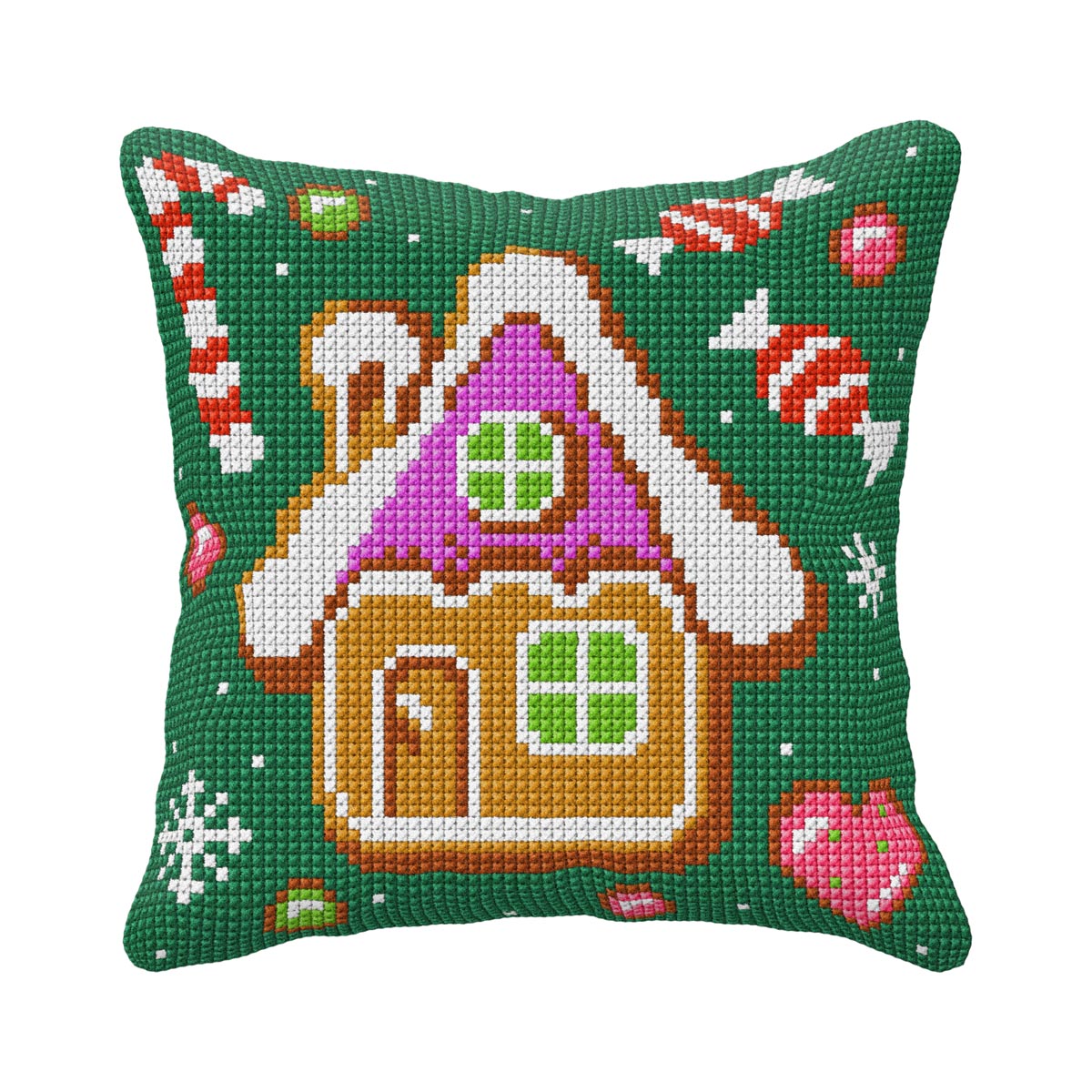 Finished gingerbread house cross stitch cushion from the Orchidea kit
