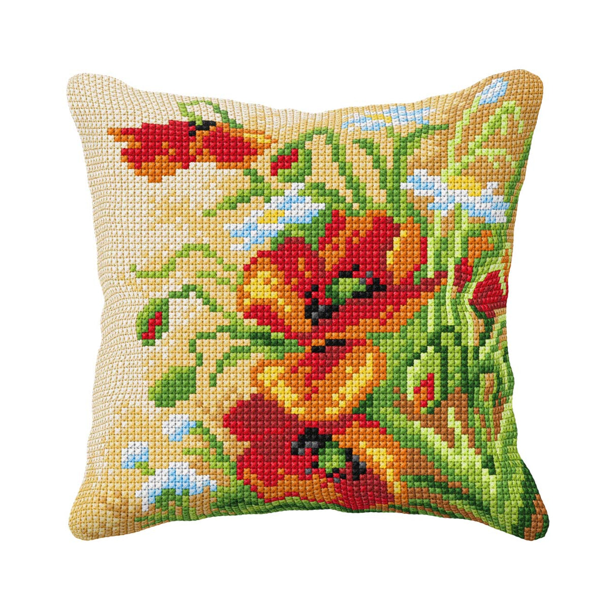 Finished poppies cross stitch cushion from the Orchidea kit