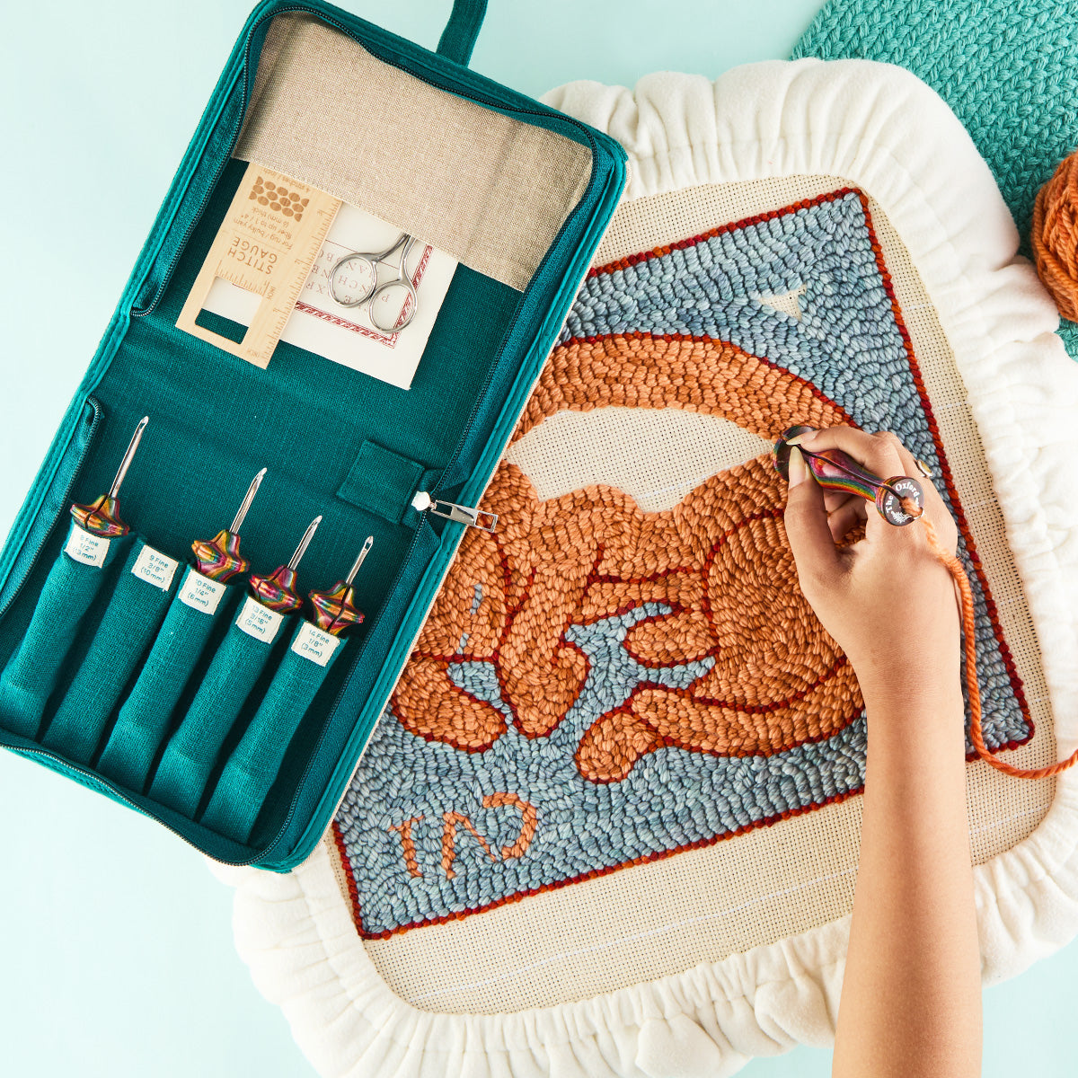 Oxford punch needle set in a zipped cotton tool case