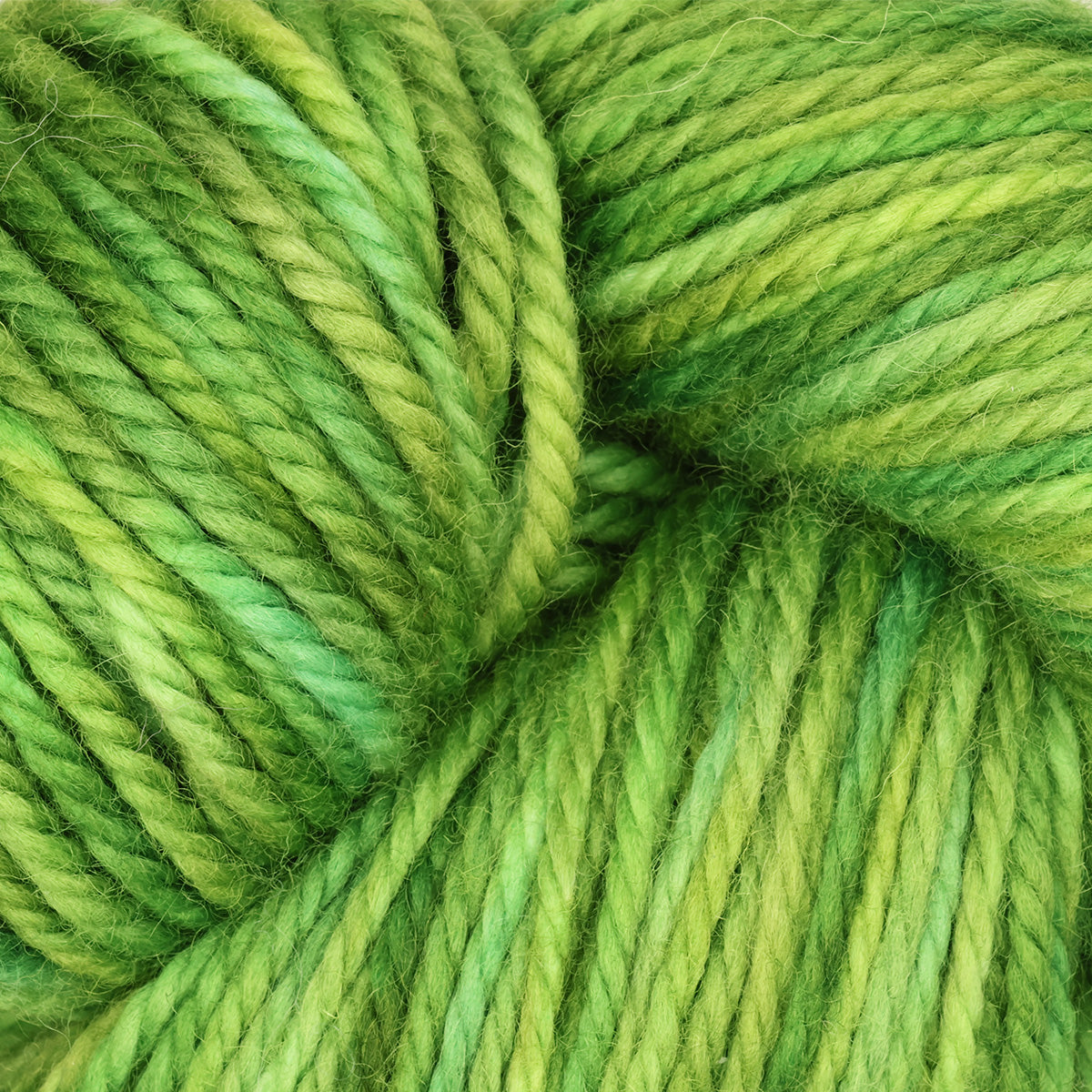 Skein of variegated punch needle fine yarn in Leaf Me Alone