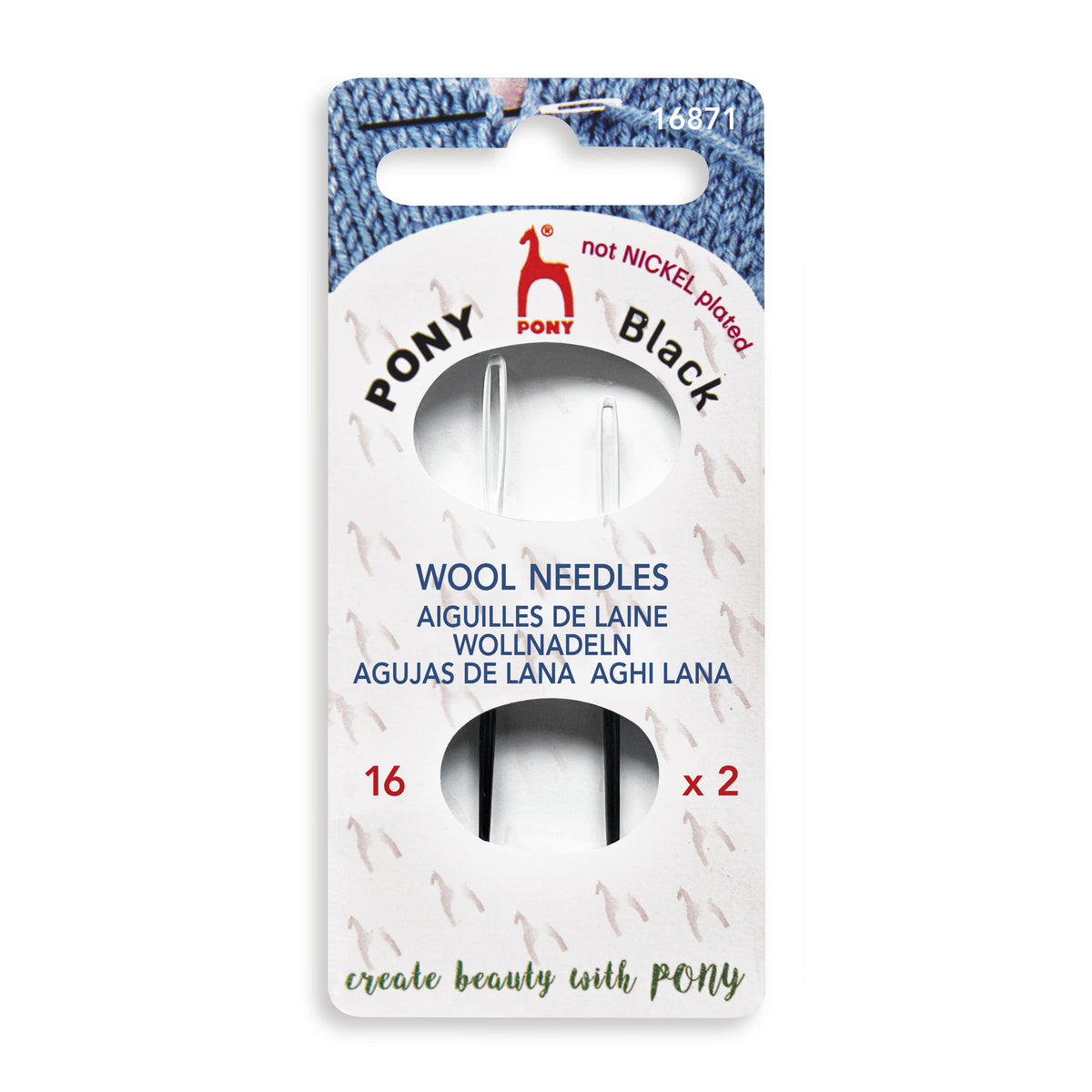 Two black Pony wool needles with white eyes in a folder