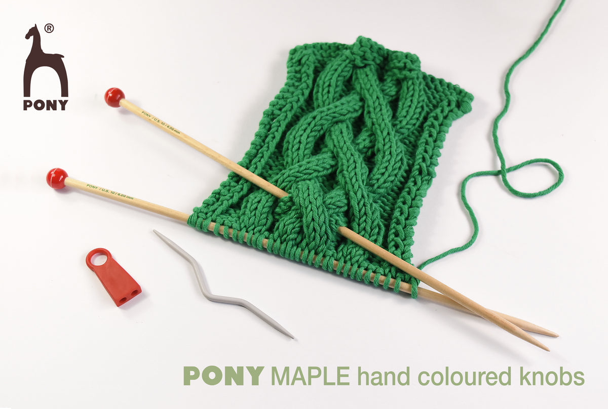 Pair of Pony maple wooden knitting needles 6mm with painted knobs