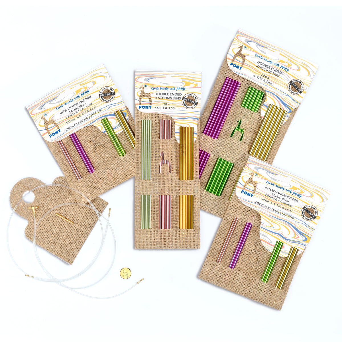 Jute case holding colourful interchangeable circular knitting needles and cables