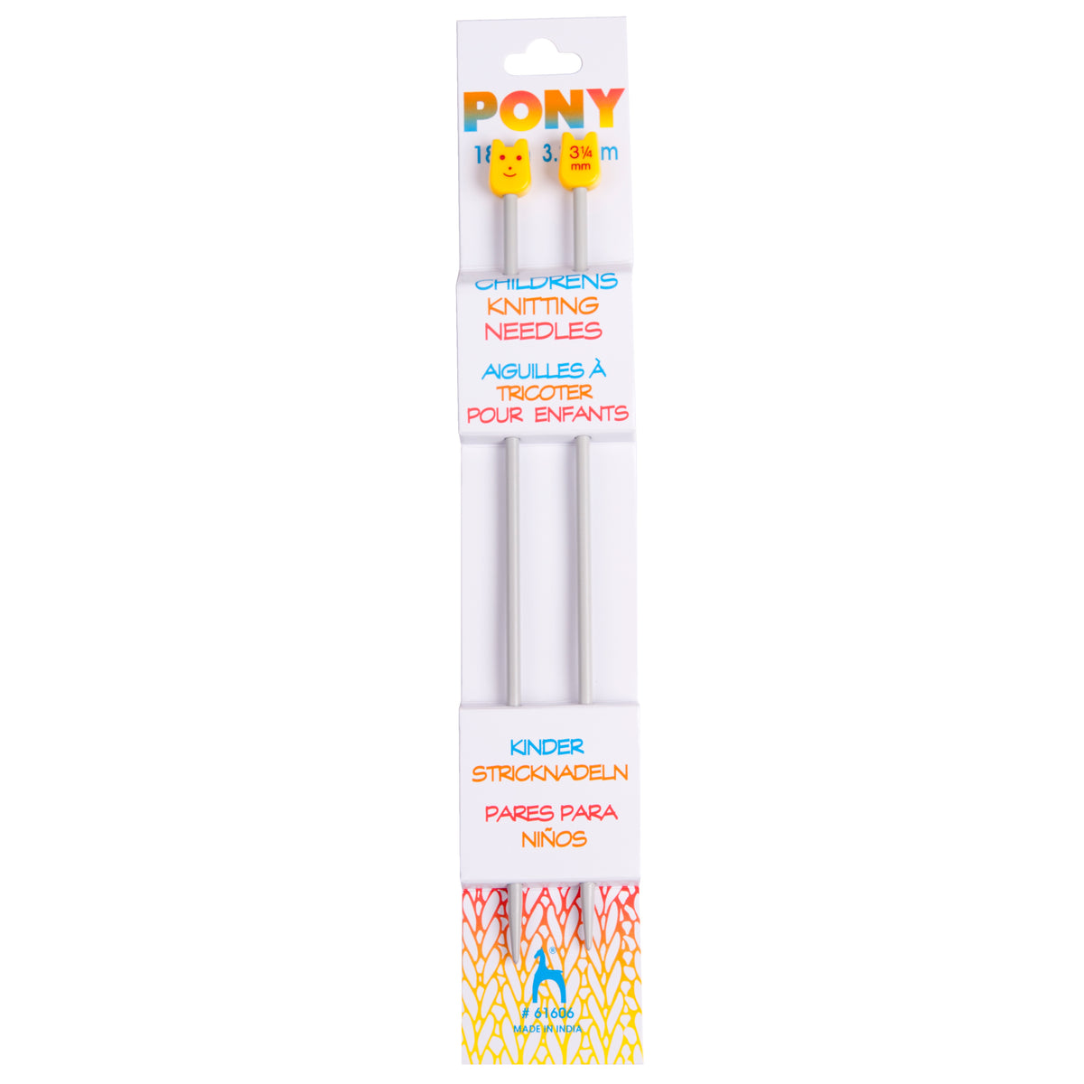 Pair of short aluminium children's knitting needles with smiley face ends