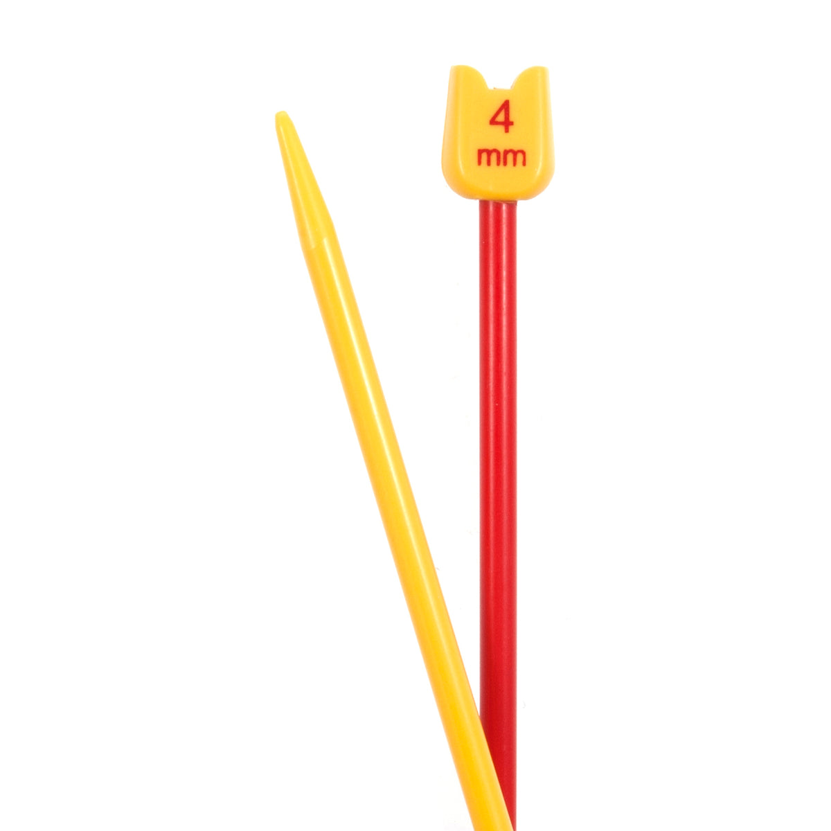 Pair of short coloured plastic children's knitting needles with smiley face ends