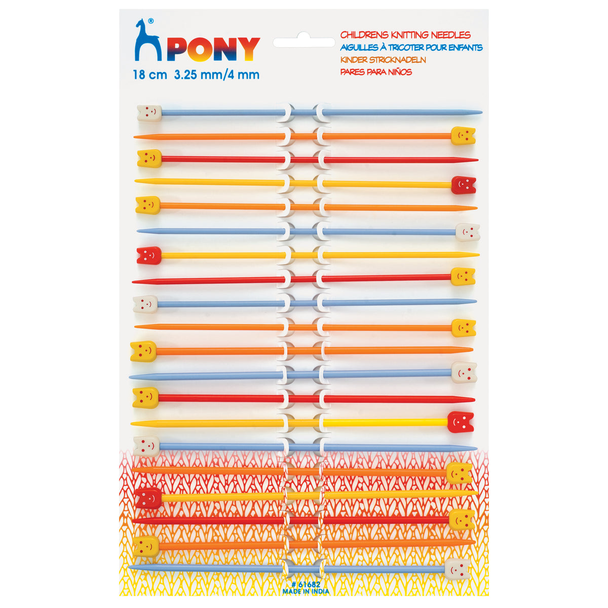 Pair of two-colour plastic children's knitting needles with smiley face ends