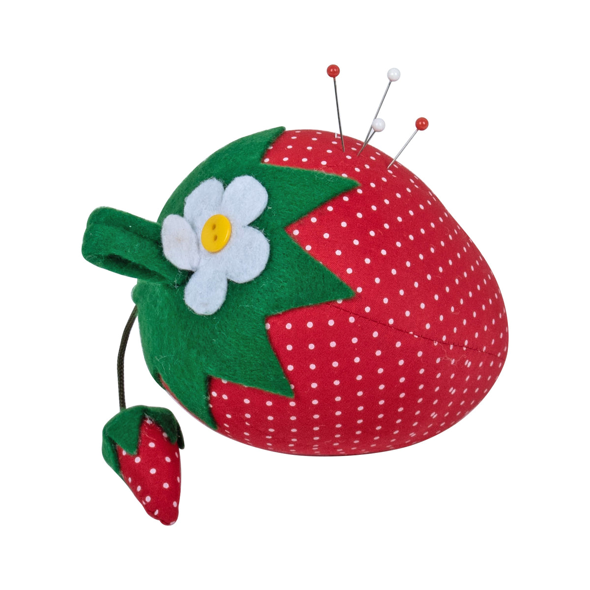 Strawberry-shaped fabric pincushion with felt leaves
