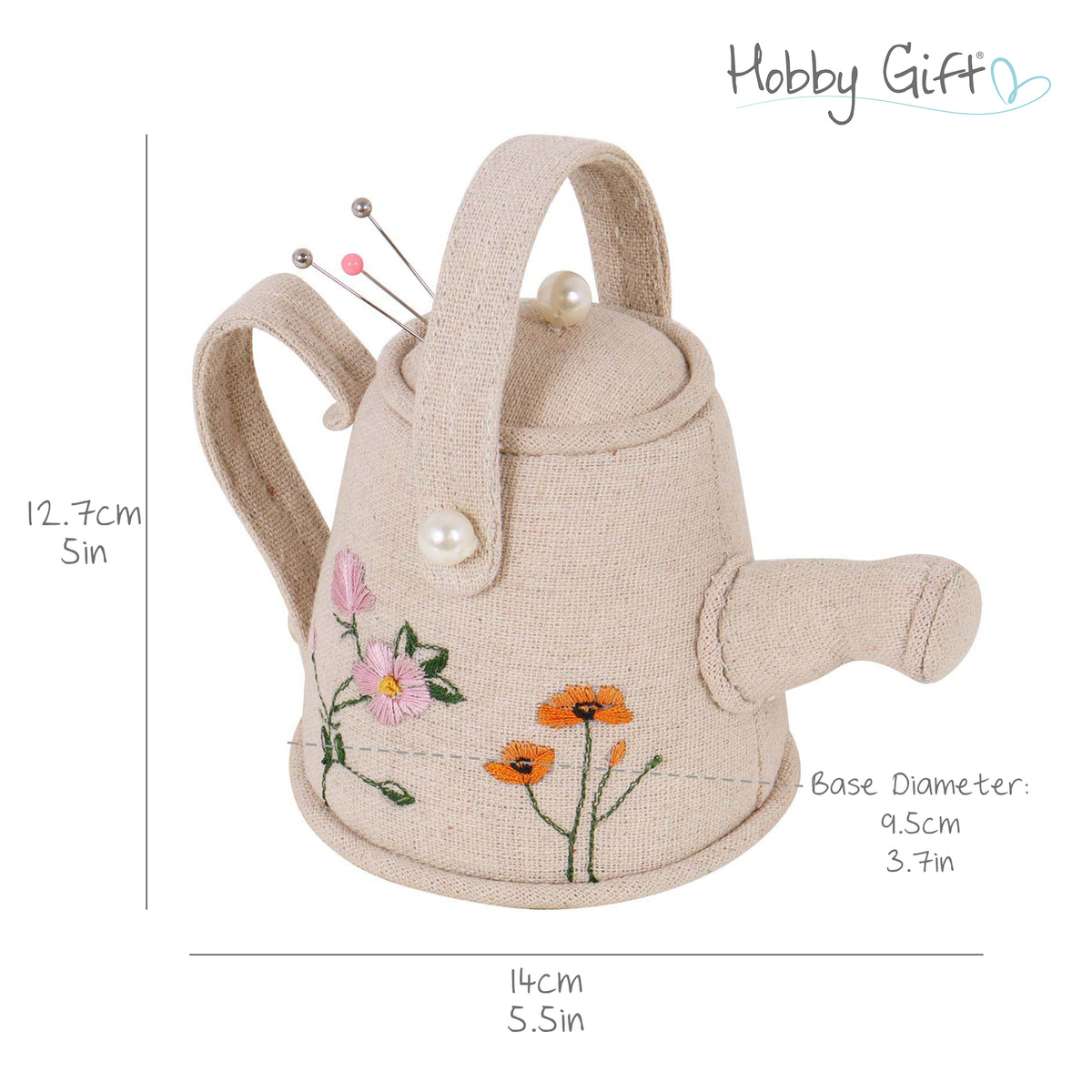 Watering can pincushion with embroidered wildflowers