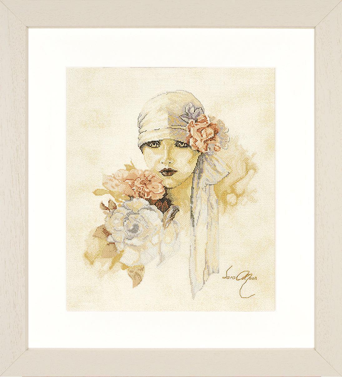 Lanarte Sara Moon Lady with Pink Flower counted cross stitch kit showing the finished design