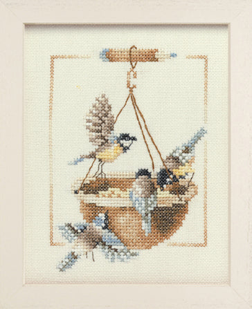 Lanarte Feeding Dish with Birds counted cross stitch kit showing the finished design