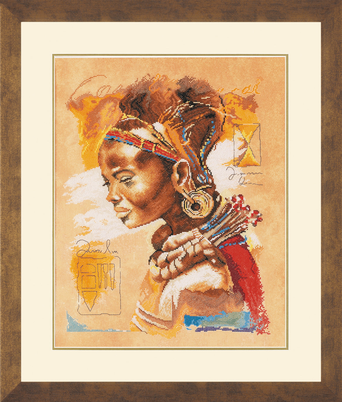 Lanarte African Woman counted cross stitch kit showing the finished design