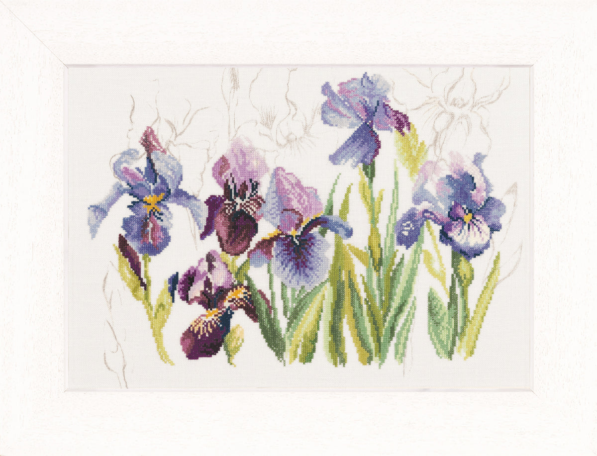 Lanarte Irises counted cross stitch kit showing the finished design