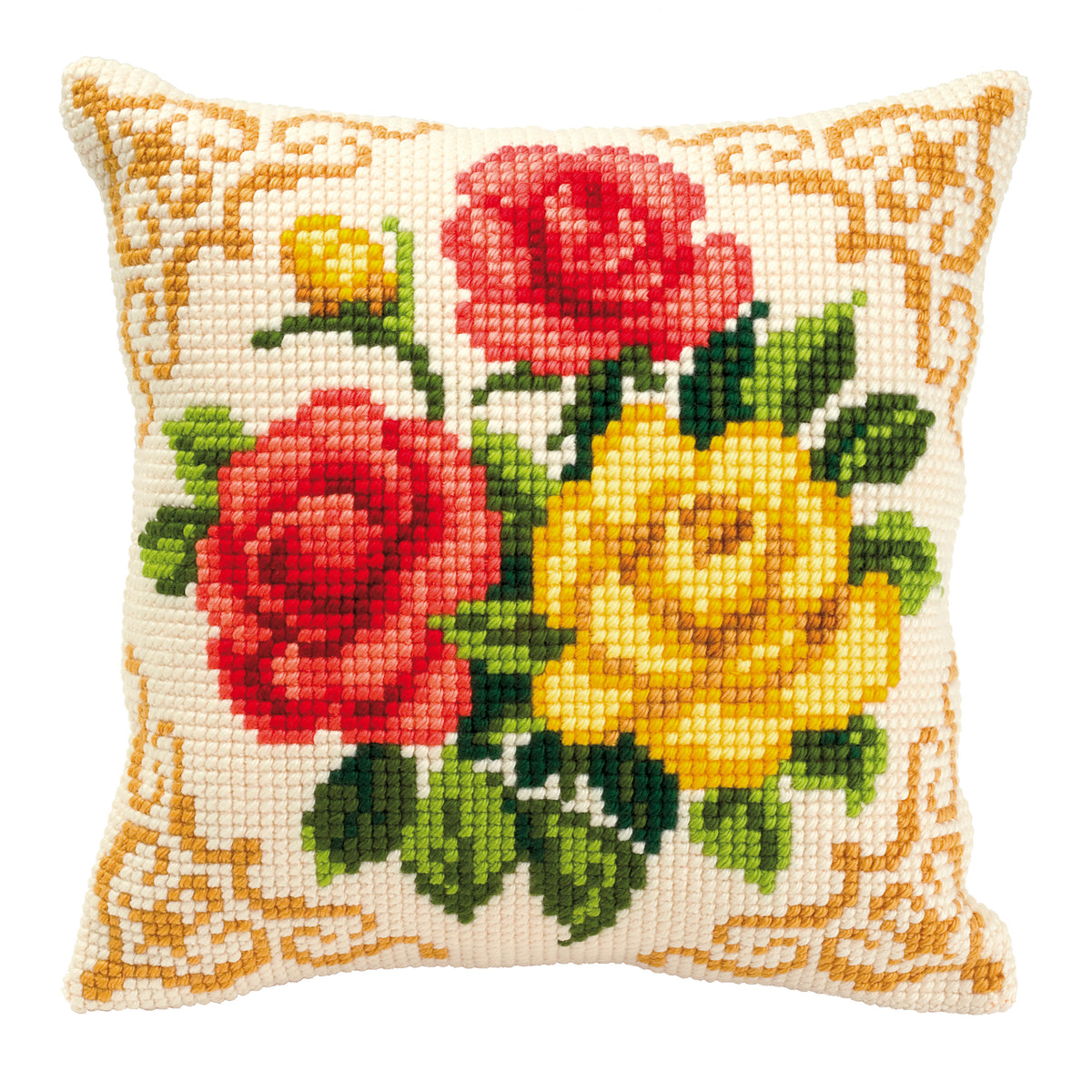 Finished cross stitch cushion showing mixed roses