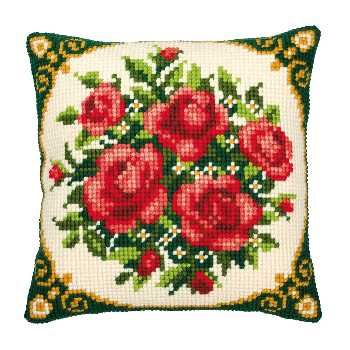 Finished cross stitch cushion showing pale red roses