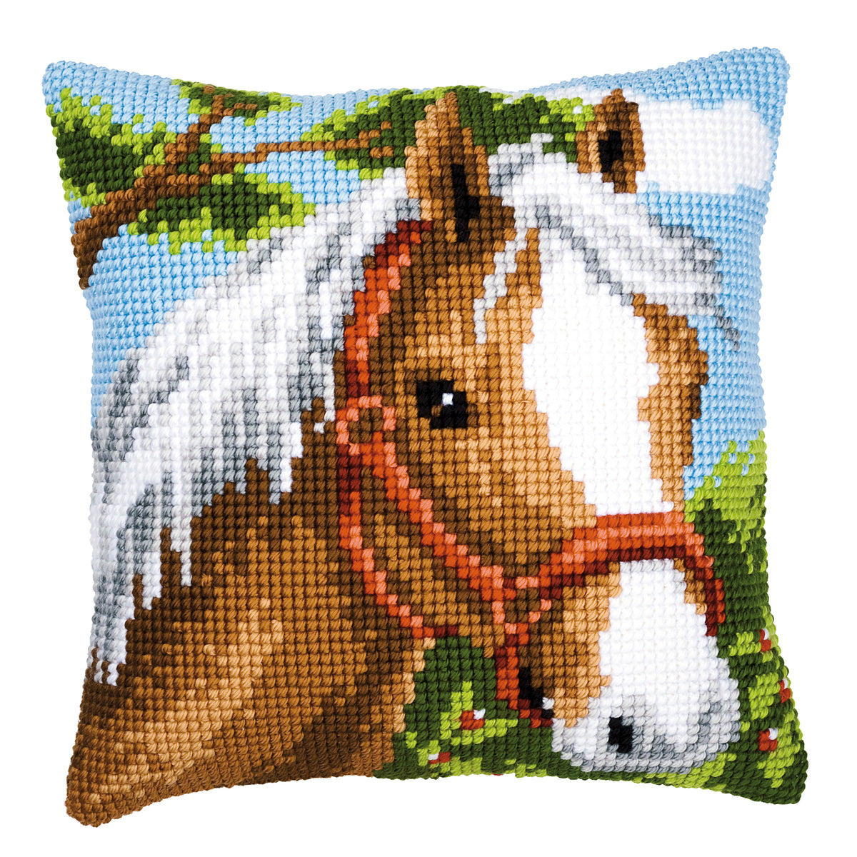 Finished cross stitch cushion showing a pony