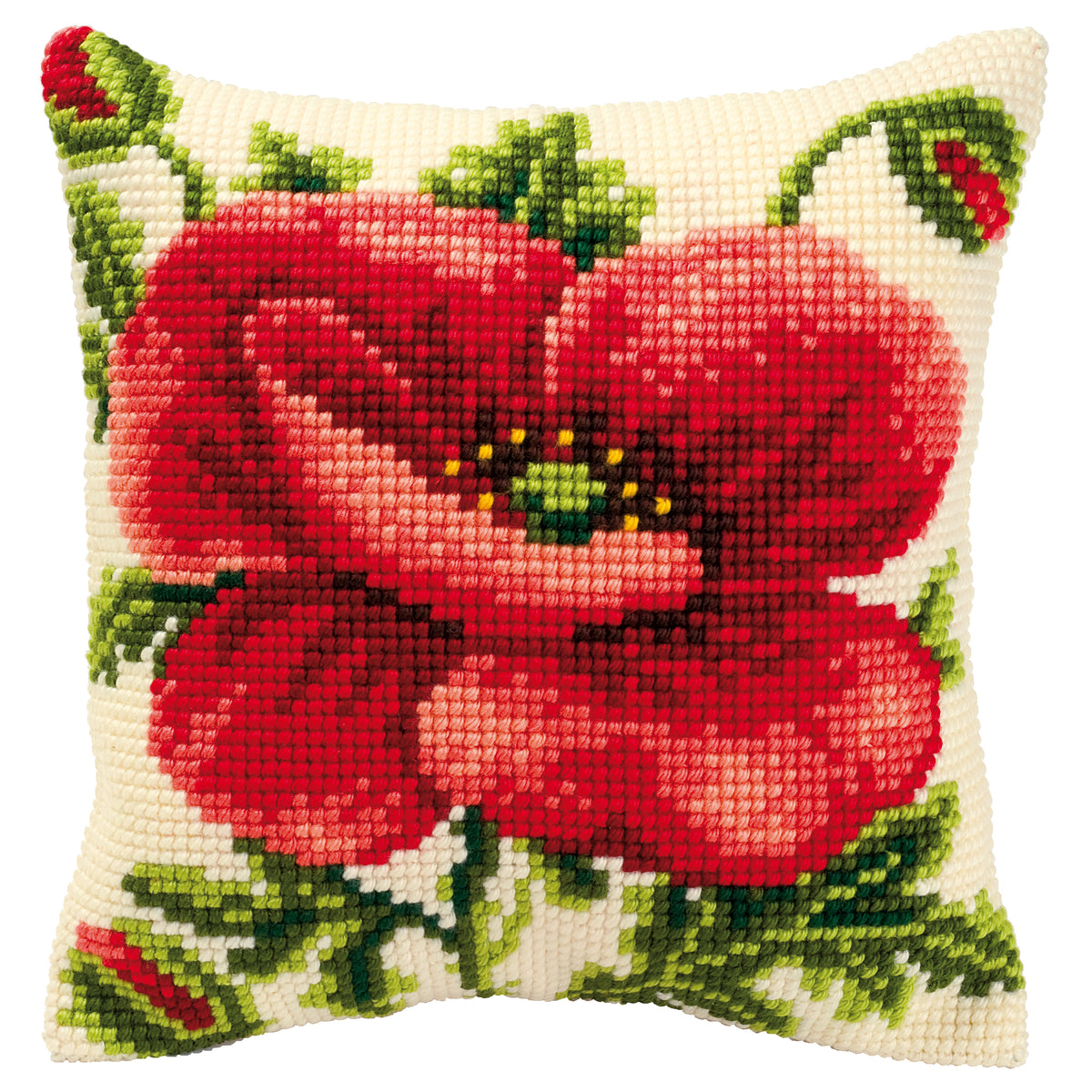 Finished cross stitch cushion showing an oriental poppy