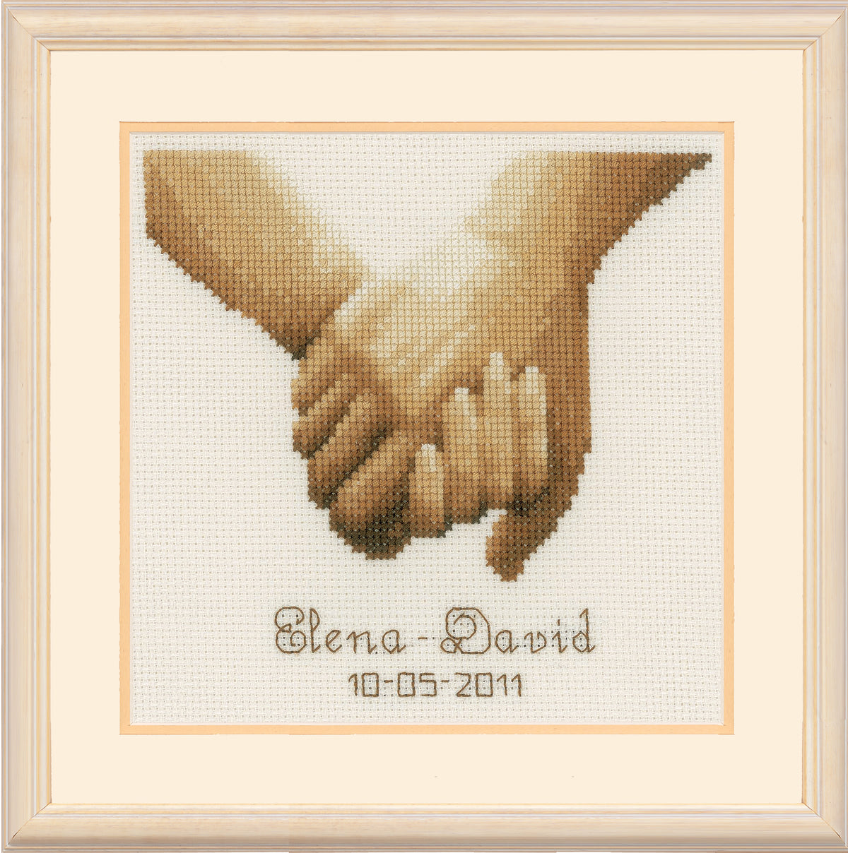 Finished Vervaco Holding Hands wedding record cross stitch
